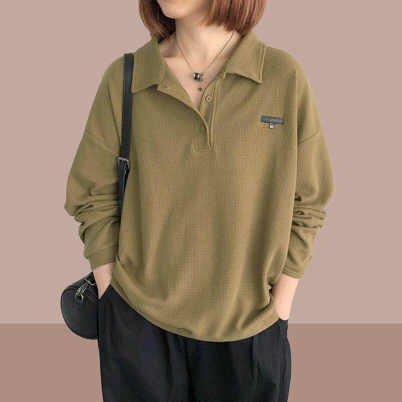 春秋新款华夫格polo领纯色卫衣女款宽松百搭复古时尚休闲套头上衣