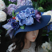 小美姓林原创设计手作蝴蝶兰花朵蓝色大檐度假草帽