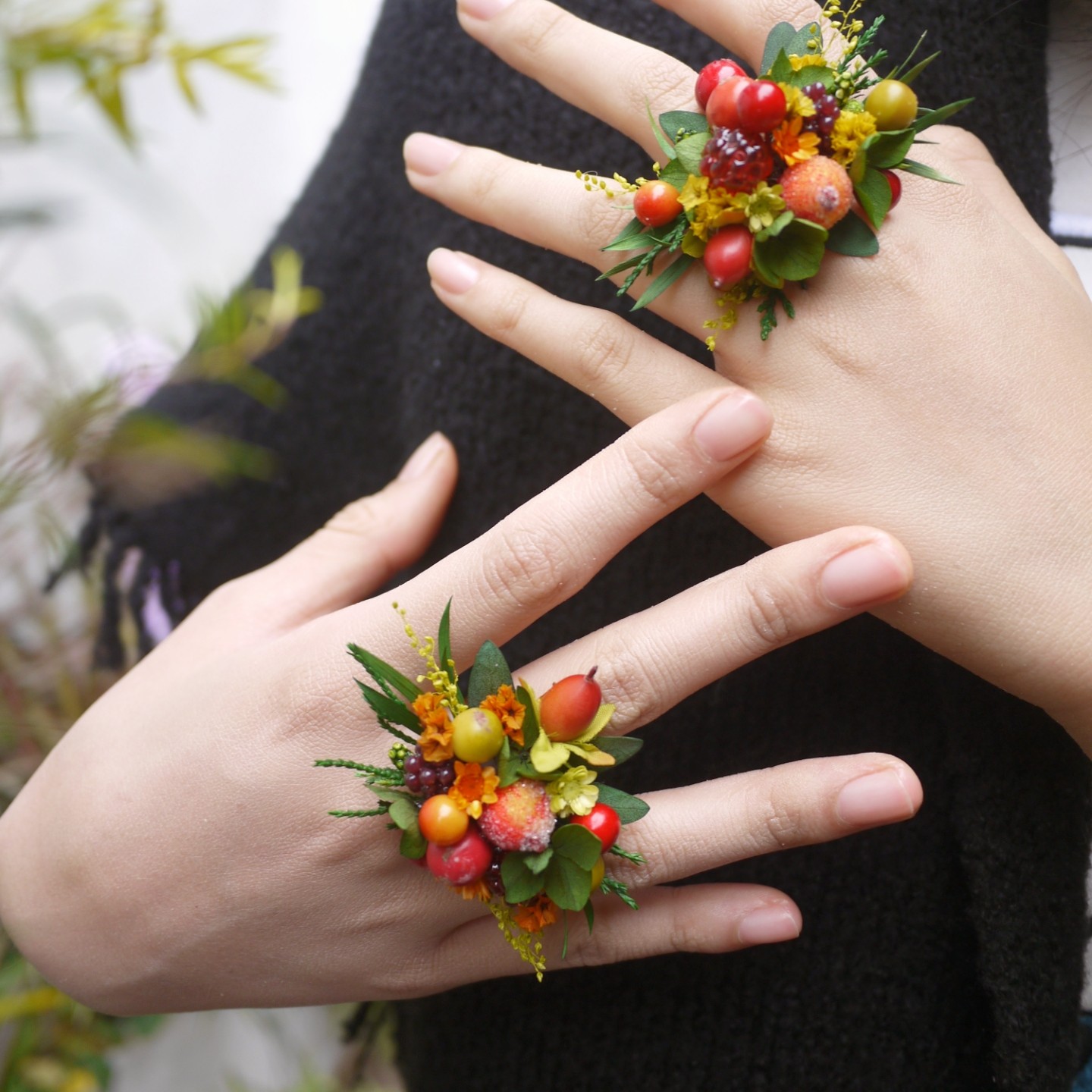 森系婚礼绿野仙踪浆果草莓桑果森林永生花对戒戒指
