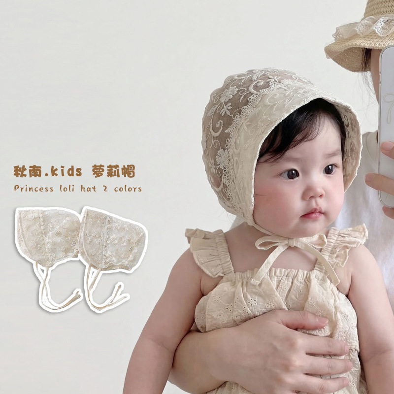 婴儿帽子夏季蕾丝花朵萝莉帽婴幼儿女宝宝防晒遮阳帽护耳帽