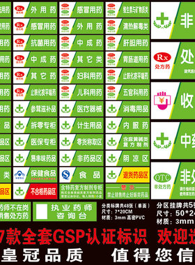 药店分类牌 药品分类标识牌药店规章制度药房药柜标识GSP认证标牌