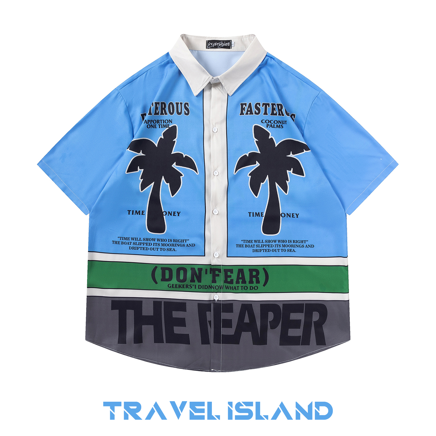 TRAVEL ISLAND 奔赴山海 夏日海边沙滩椰树印花拼色夏威夷短衬