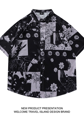 TRAVEL ISLAND 肆意生长 暗黑系复古创意植物花卉撞色短袖花衬衫