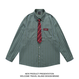 TRAVEL ISLAND 从不熬夜 日系复古cityboy学院风条纹长袖领带衬衫