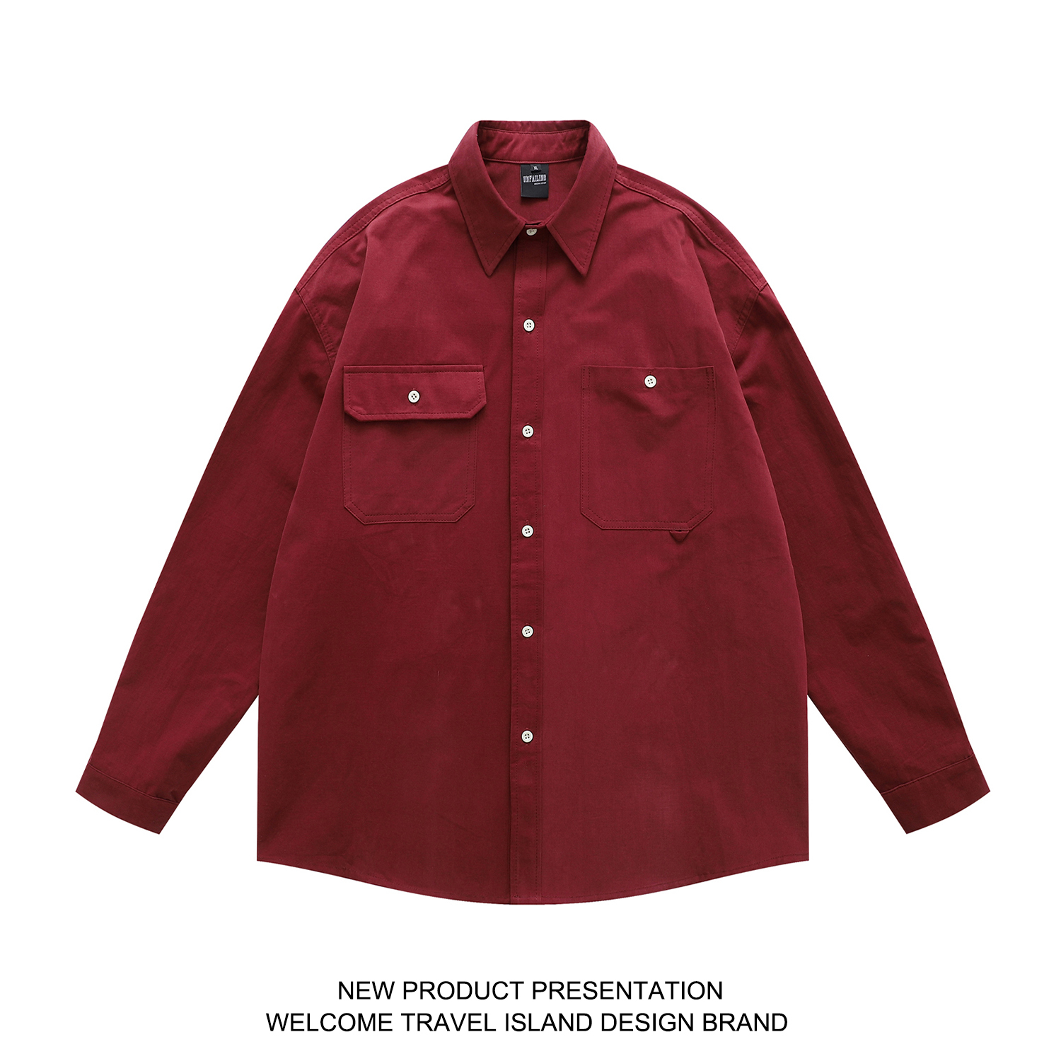 复古酒红色工装长袖衬衫