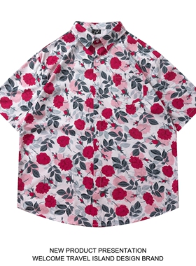 TRAVEL ISLAND 静赏花落 复古小清新夏日浪漫玫瑰印花短袖衬衫ins