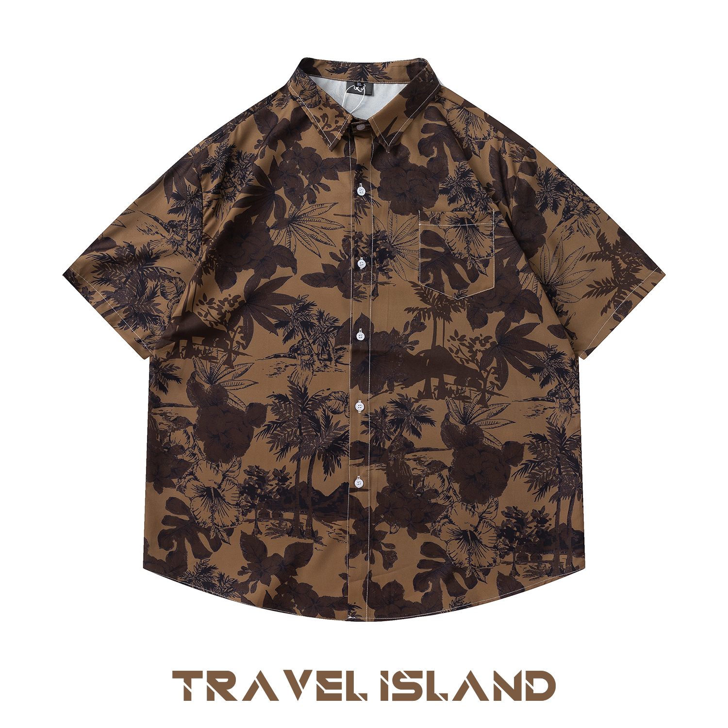 TRAVEL ISLAND 枯木逢春 复古个性沙滩椰树植物油画印花短袖衬衫
