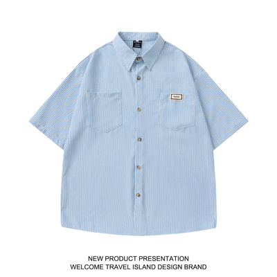 日系百搭简约条纹短袖衬衫
