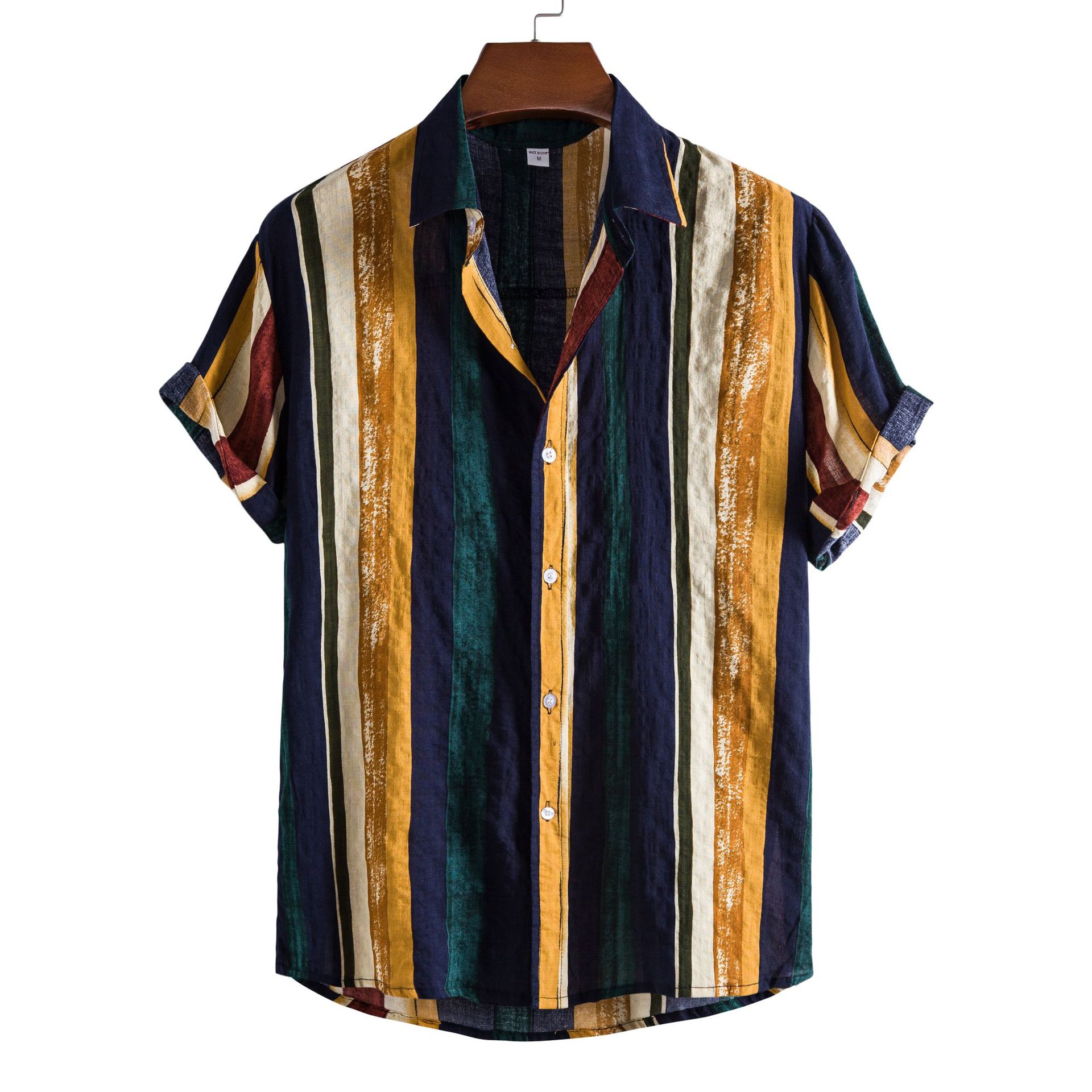 Men's Hawaiian Striped Shirt Print Loose Short Sleeve 男短袖
