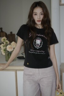 梦青苔ᵕSkip 型圆领辣妹上衣女 smile小猫印花T恤复古做旧小版