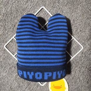 黄色小鸭宝宝帽子秋冬季男女儿童针织毛线婴儿帽毛线条纹双角帽