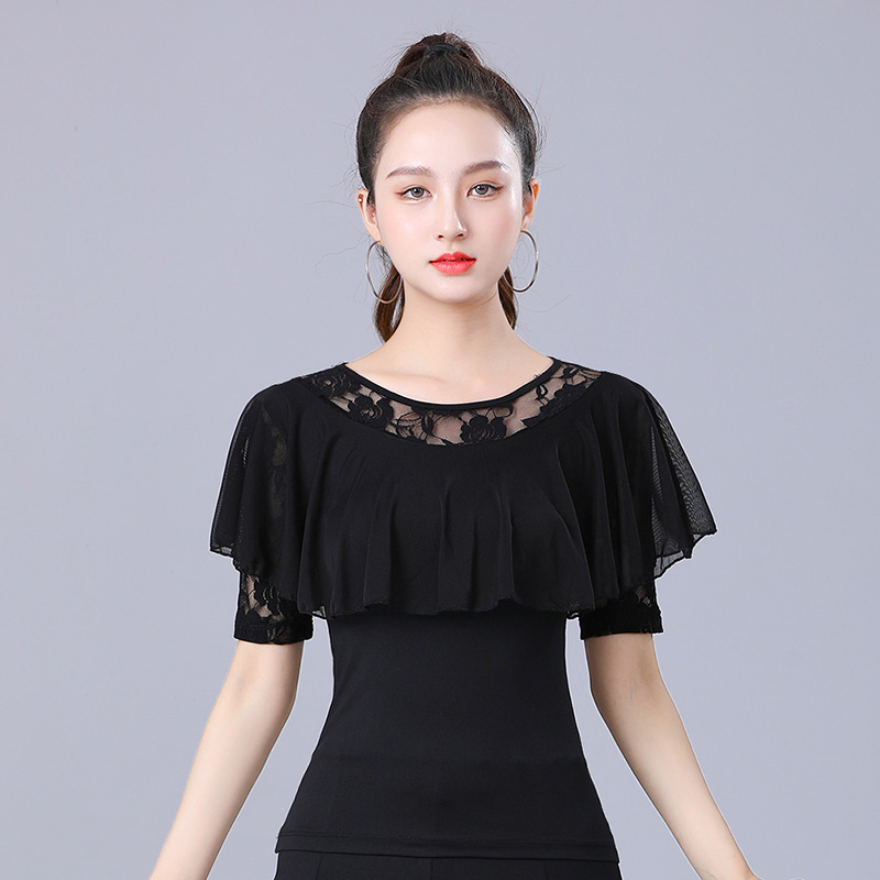 广场舞摩登舞华尔兹上衣女圆领新款舞衣荷叶边拉丁舞服装夏交谊舞