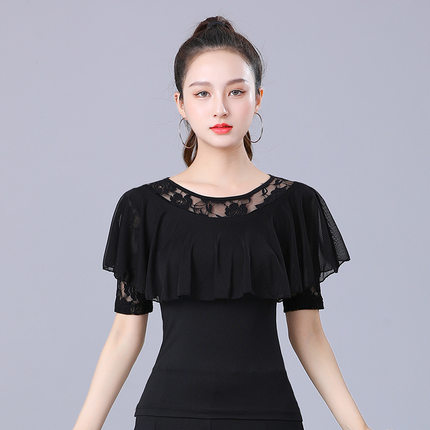 广场舞摩登舞华尔兹上衣女圆领新款舞衣荷叶边拉丁舞服装夏交谊舞