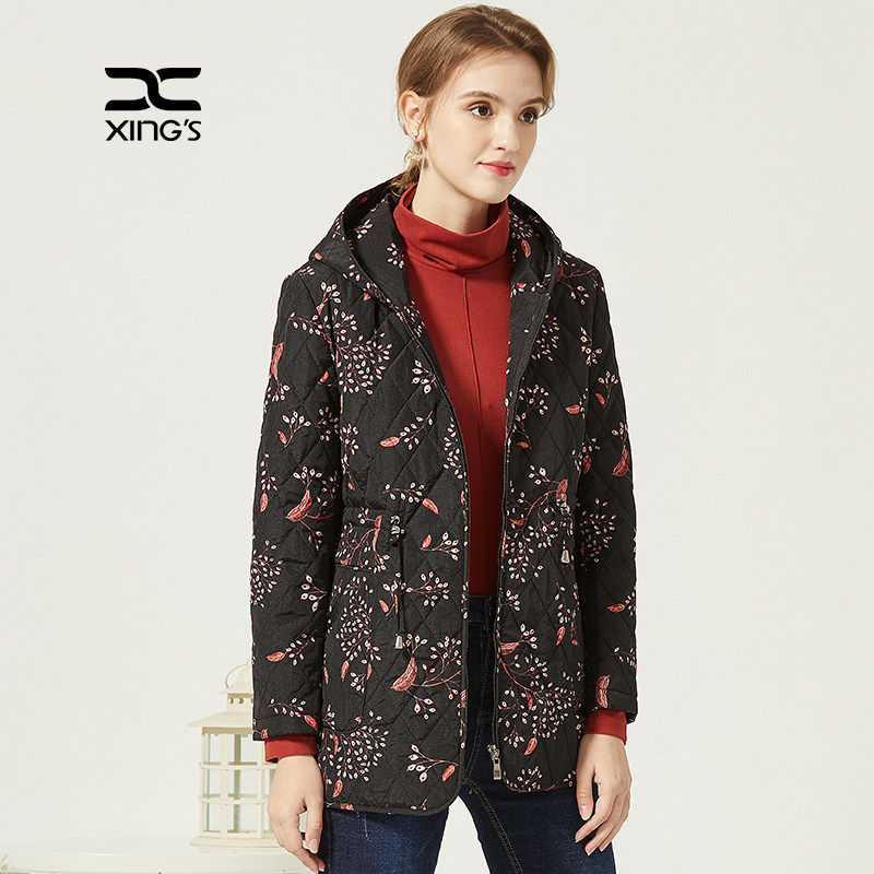 邢氏女装棉服2020年新款女秋冬大码抽绳设计收腰显瘦连帽印花外套