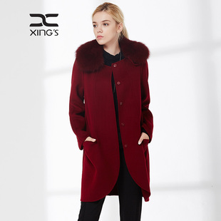 邢氏女装中长款双面呢大衣女秋冬新款带毛领气质显瘦毛呢外套