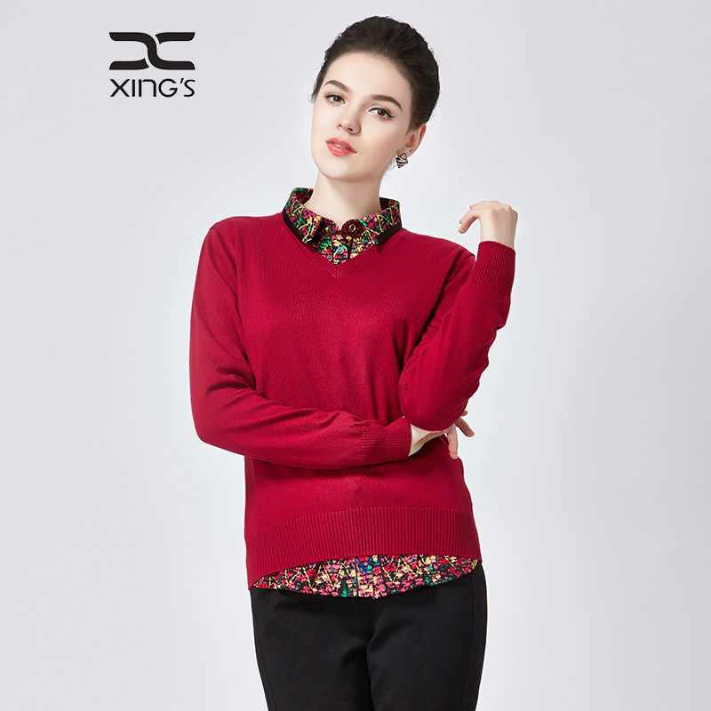 邢氏女装春秋毛衫上衣长袖套头羊毛衫v领打底针织衫女大码毛衣秋
