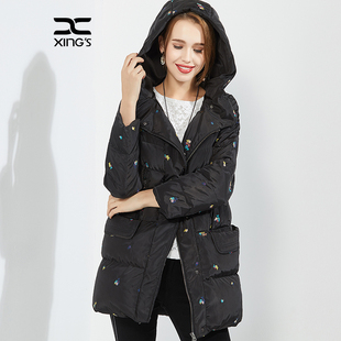 邢氏女装冬季连帽羽绒服女中长款宽松大码妈妈加厚白鸭绒保暖外套