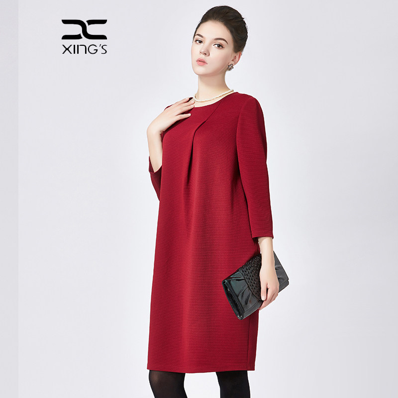 邢氏女装 春秋七分袖时尚印花裙子女大码宽松显瘦廓形茧型连衣裙