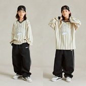 复古翻领条纹长袖 ROCKYROAD少儿街舞演出服套装 美式 球服hiphop潮
