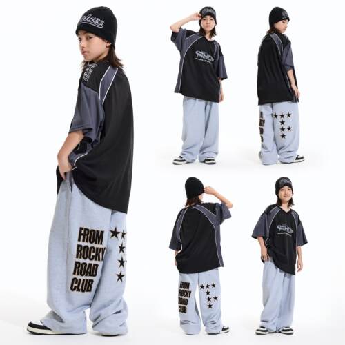 ROCKYROAD童装美式v领拼色字母印花短袖潮牌hiphop高街宽松上衣