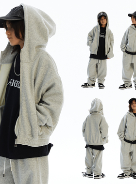 ROCKYROAD童装连帽拉链灰色开衫卫衣外套T恤卫裤套装男女童街舞服