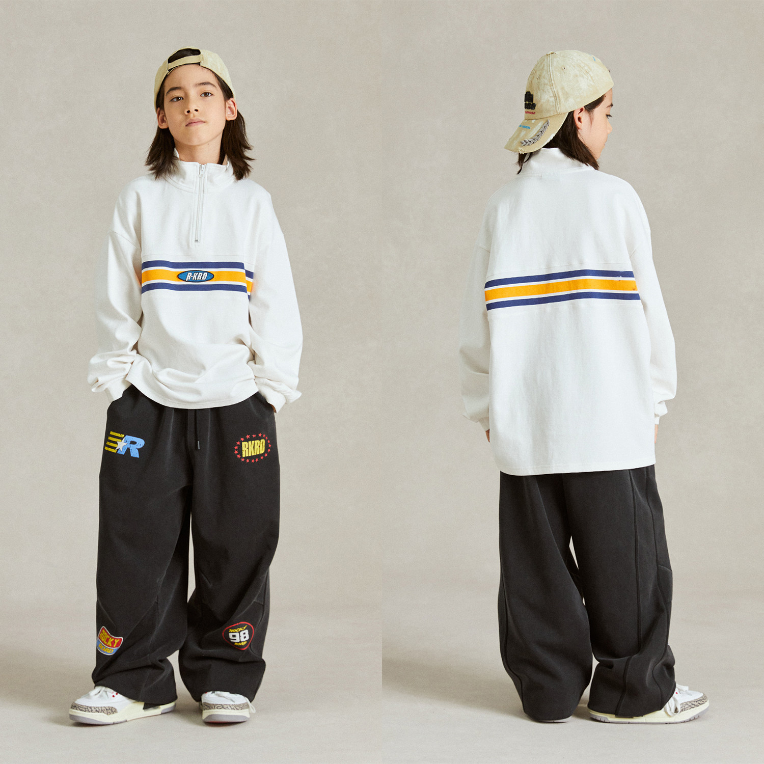 ROCKYROAD童装重磅美式半拉链套头卫衣新款条纹印花立领运动外套