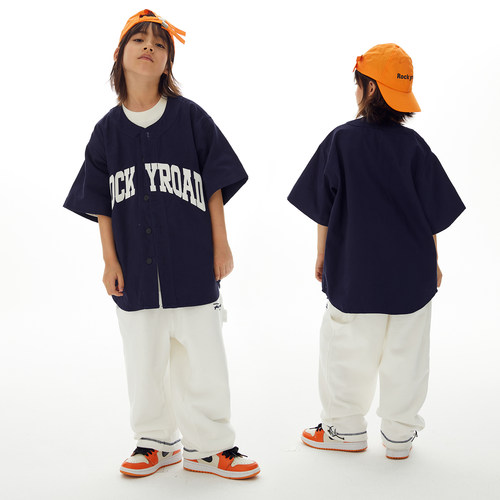 ROCKYROAD童装儿童街舞潮服男童夏季休闲短袖衬衫嘻哈演出服套装