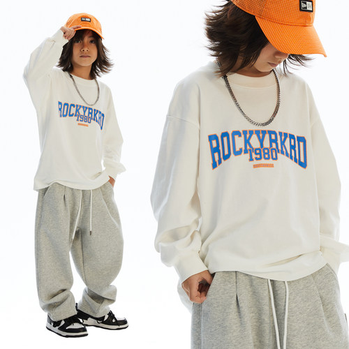ROCKYROAD童装美式复古纯棉白色长袖卫裤套装字母印花T恤打底衫