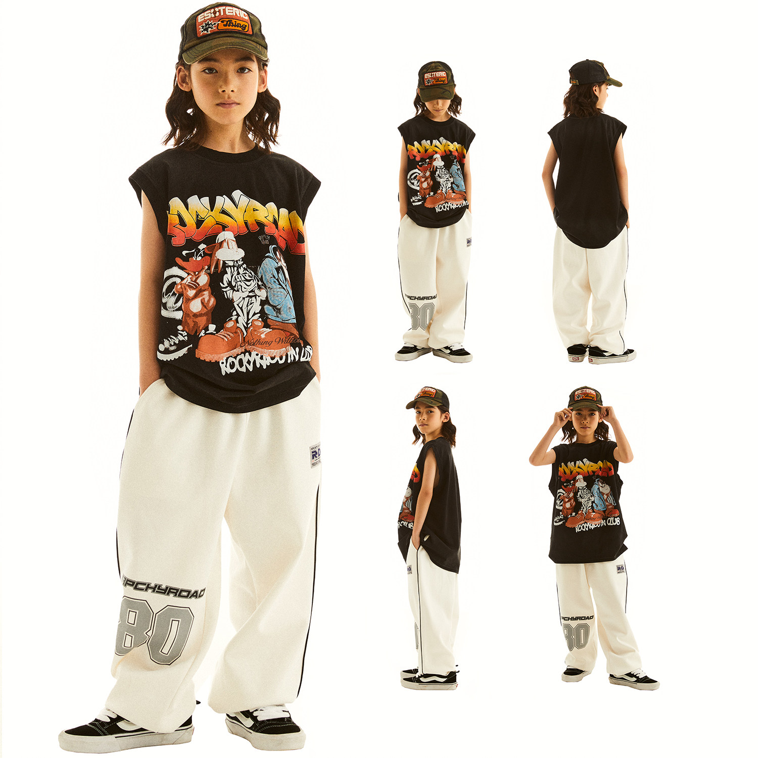 ROCKYROAD童装美式复古高街黑色动物印花背心街舞潮服运动坎肩