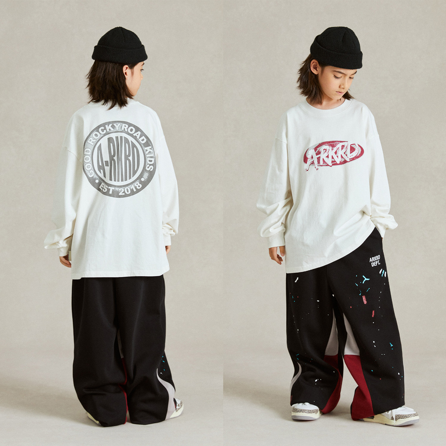 ROCKYROAD童装美式泼墨拼接涂鸦直筒卫裤高街休闲跳舞卫裤拖地裤