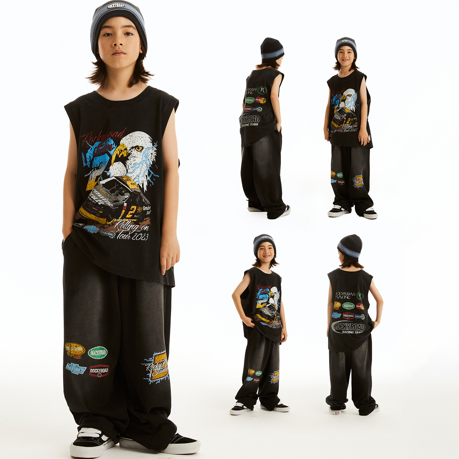 ROCKYROAD童装美式复古黑色印花背心街舞潮服黑色印花运动裤