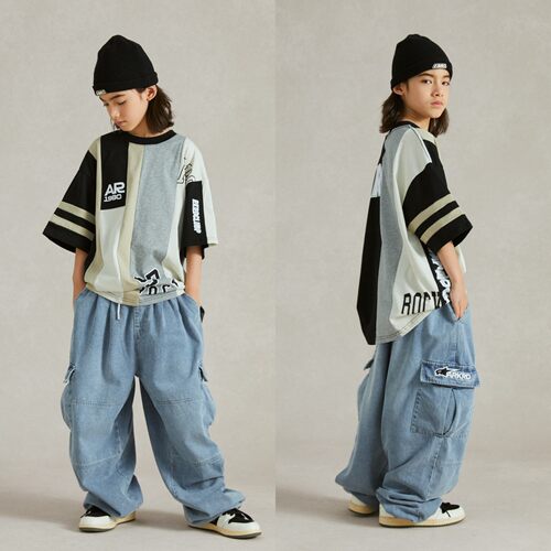 ROCKYROAD街舞少儿演出服拼接字母印花短袖套装hiphop街舞潮服
