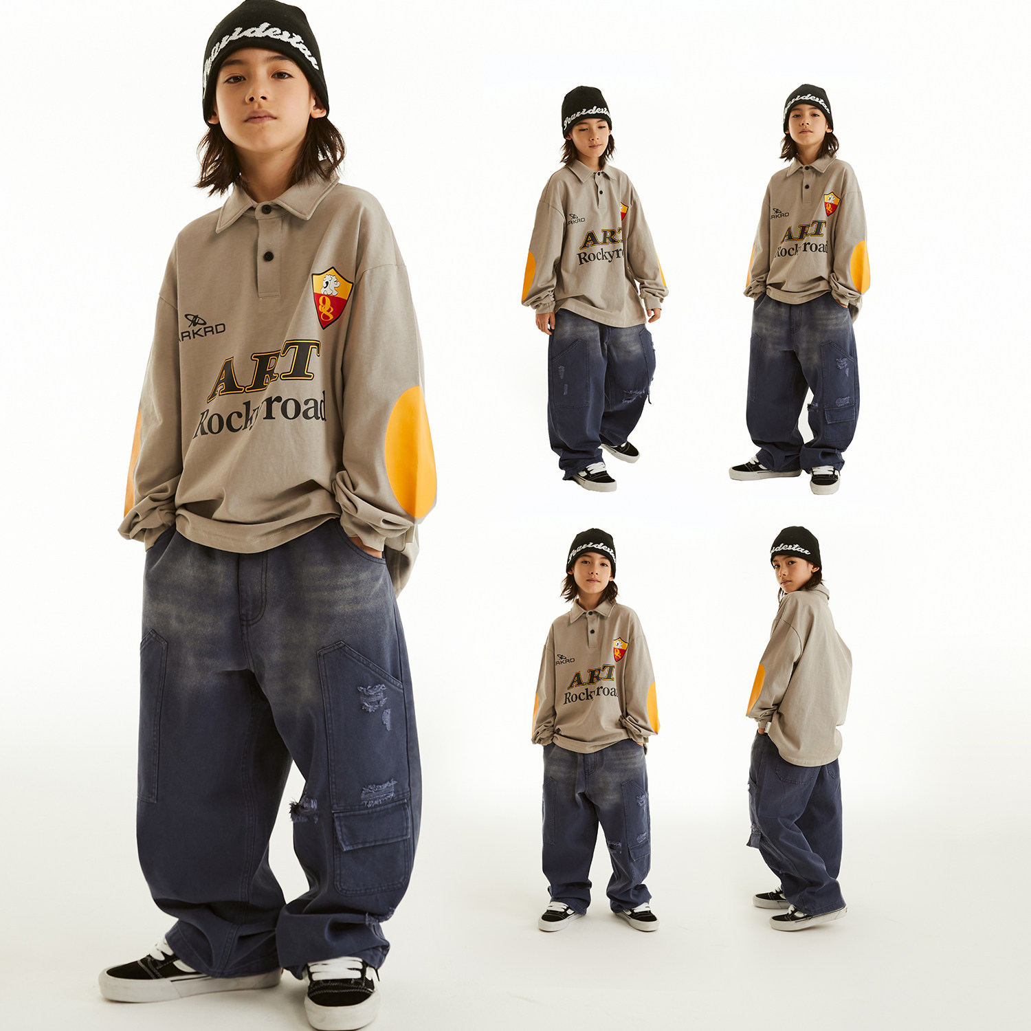 ROCKYROAD童装复古翻领POLO衫长袖演出服套装hiphop街舞潮服图片