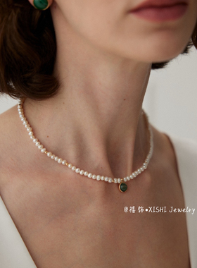 「禧饰」纯银水草玛瑙珍珠项链s925银锁骨链轻奢时尚法式复古小众