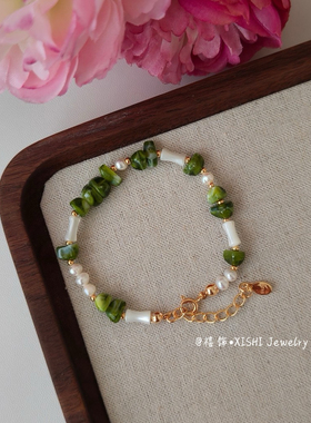 「禧饰」S925纯银绿色树脂珍珠手链新中式串珠手链