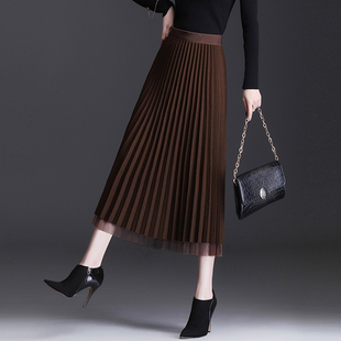 毛呢百褶半身裙女春秋2025新款 两面穿亮丝a字网纱长裙 高腰中长款