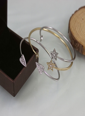 轻奢星星心形镶钻锆石铜开口手镯