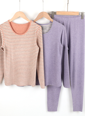 奥笛AD831秋冬女士纯色羊绒蛋白条纹圆领保暖内衣秋衣秋裤套装