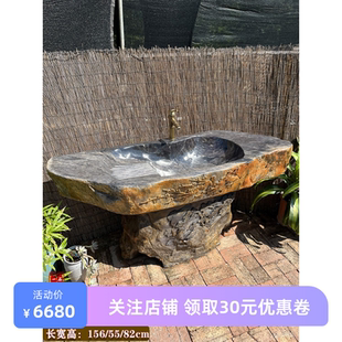 庭院洗手台天然端砚石分体式洗手盆户外洗手池原石大型台盆立柱盆