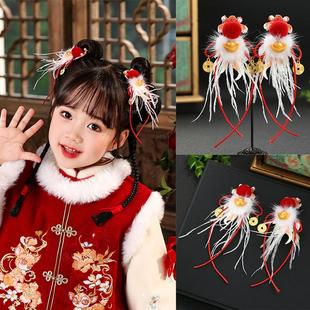 新款古风新年汉服发饰红色喜庆刺绣锦鲤羽毛发夹儿童新年拜年头饰