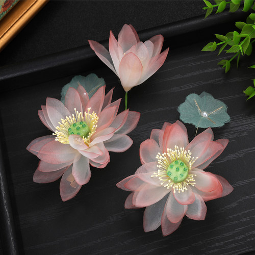 古风粉色边夹荷花仿烫花发夹绢花发饰汉服头饰新中式国风配饰