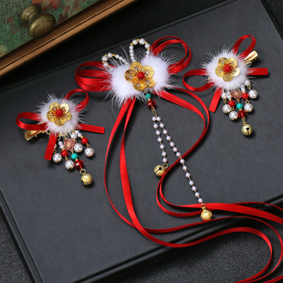 儿童新年古风汉服珍珠兔子发夹宝宝新中式红色飘带中国风发卡头饰