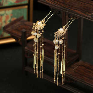 金色鬓发簪珍珠点缀汉服配饰古风头饰簪子长流苏发簪复古头饰宫廷