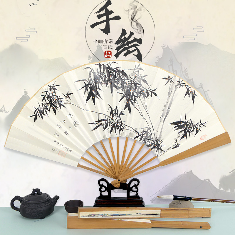 丝艺堂中国风手绘书法题字宣纸折扇油竹头青古典大折扇古风男扇子