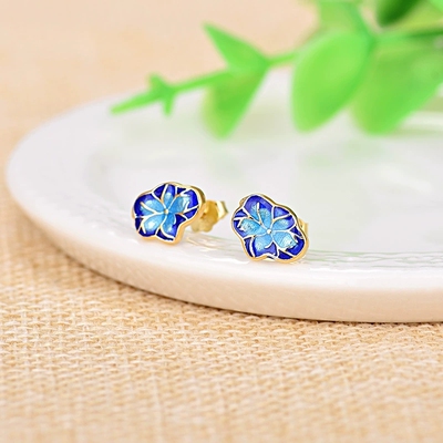 新品925纯银饰品景泰蓝唯美花小鱼耳环 烤瓷耳钉 鎏金烧蓝工艺