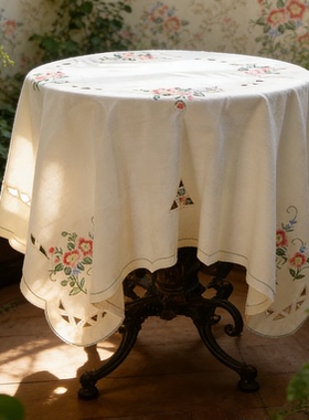 外贸美式复古乡村田园纯棉老粗布刺绣桌布盖巾电视巾约128CM厚实