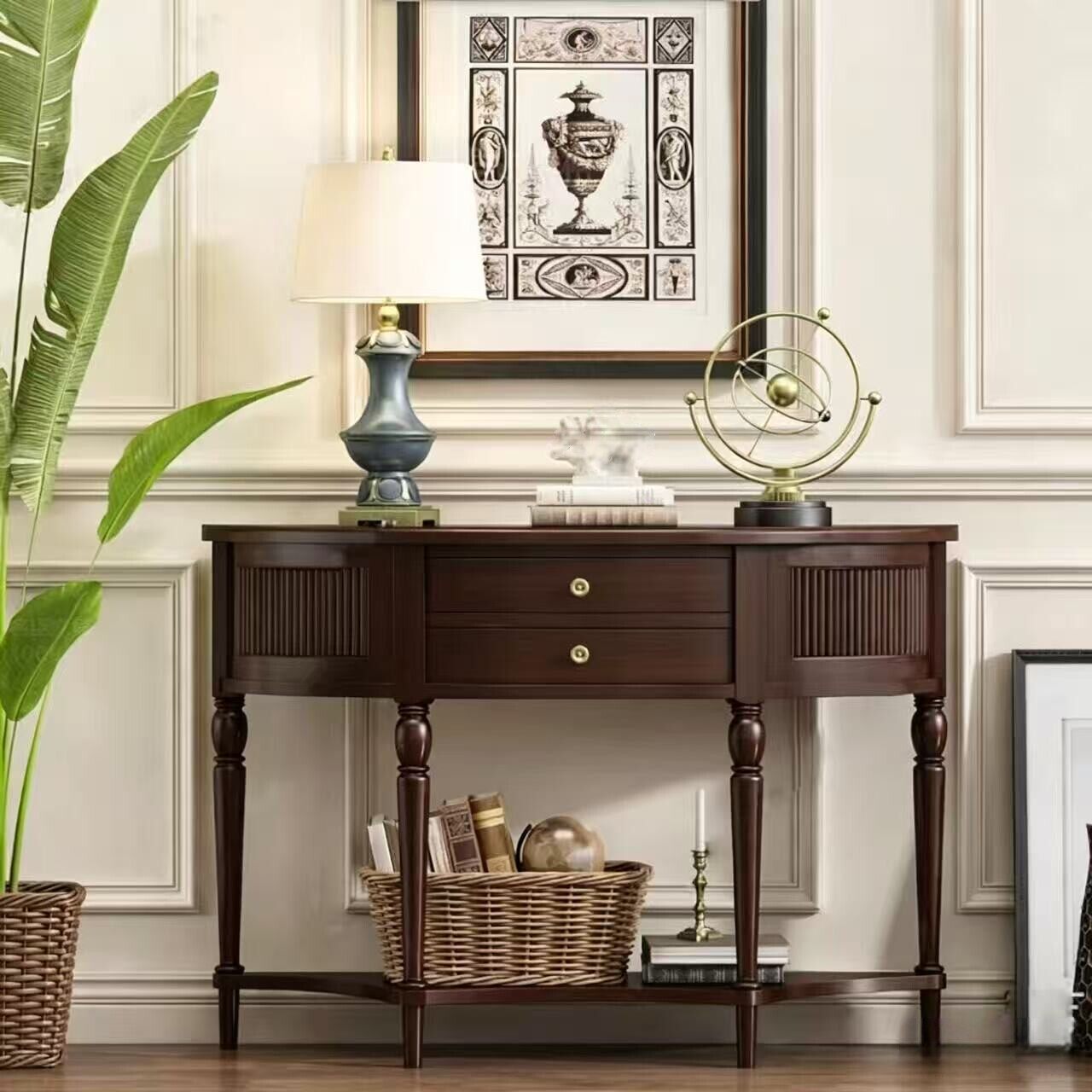 美式实木半圆玄关柜法式复古小边柜沙发背桌客厅装饰柜展示柜案台