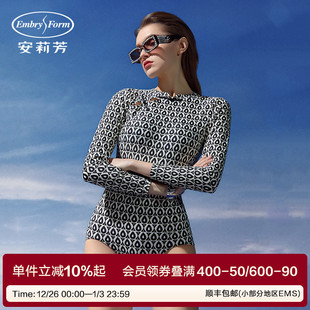 ES00201 连体泳衣女带杯垫高级感复古泳装 安莉芳专柜新品 撞色长袖