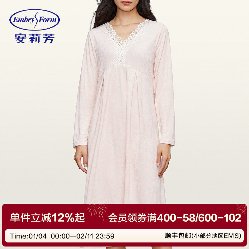 安莉芳专柜莫代尔棉质v领长袖睡裙女士蕾丝花边舒适家居裙EL006