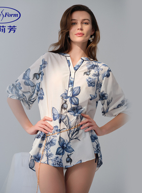 安莉芳专柜新品桑蚕丝棉七分袖印花v领睡衣女士家居上衣EL00913